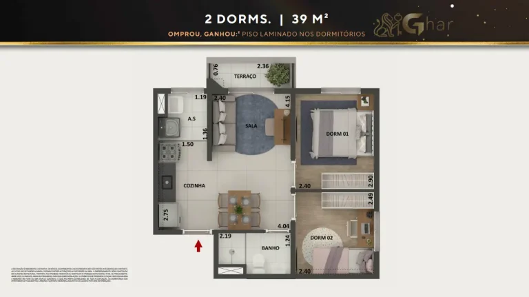 Planta de apartamento 2 dormitórios 39 m² do 360º Park View no City América São Paulo