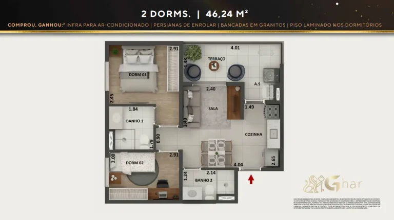 Planta de apartamento 2 dormitórios 46,24 m² do 360º Park View no City América São Paulo