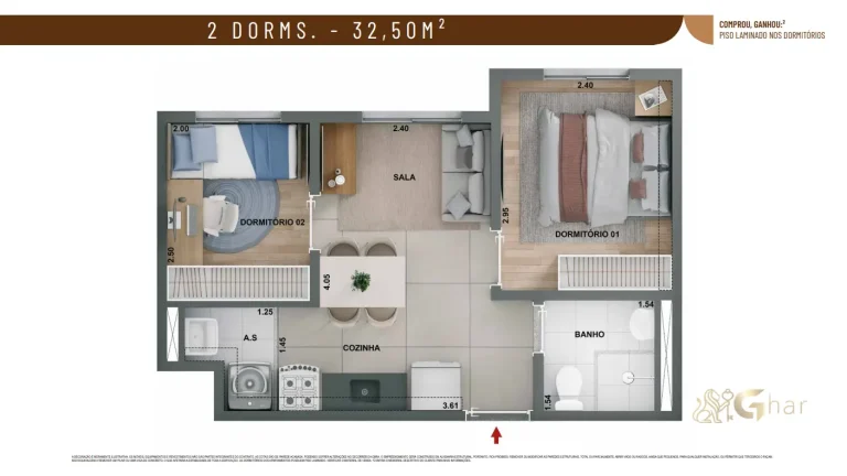 Planta de apartamento 2 dormitórios 32,50 m² no Alto Chácara Santo Antônio