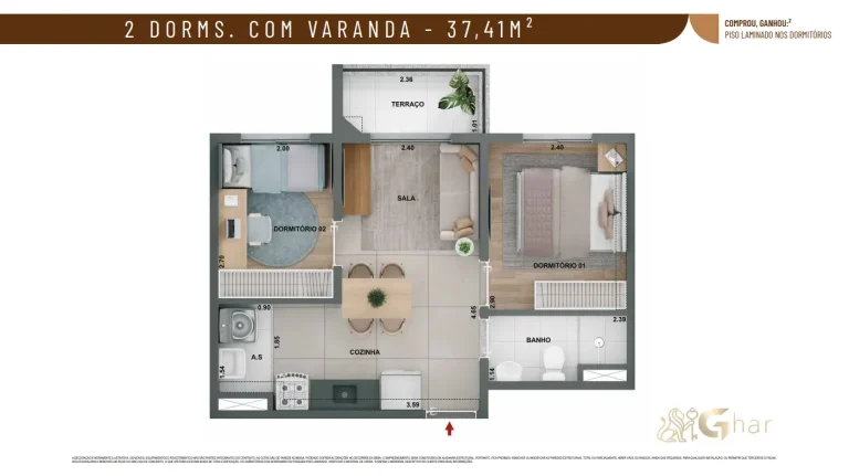 Planta de apartamento 2 dormitórios com varanda 37,41 m² no Alto Chácara Santo Antônio