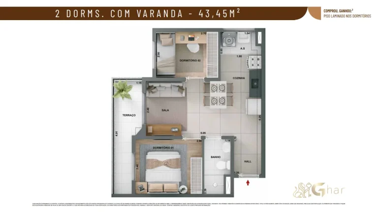 Planta de apartamento 2 dormitórios com varanda 43,45 m² no Alto Chácara Santo Antônio