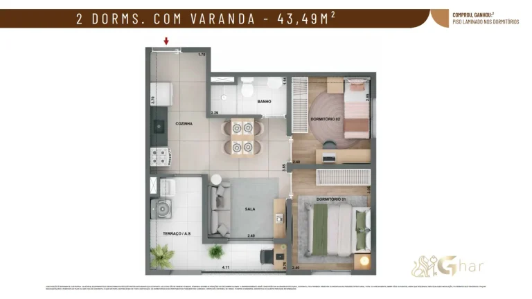 Planta de apartamento 2 dormitórios com varanda 43,49 m² no Alto Chácara Santo Antônio