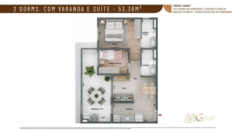 Planta de apartamento 2 dormitórios com varanda e suíte no Alto Chácara Santo Antônio