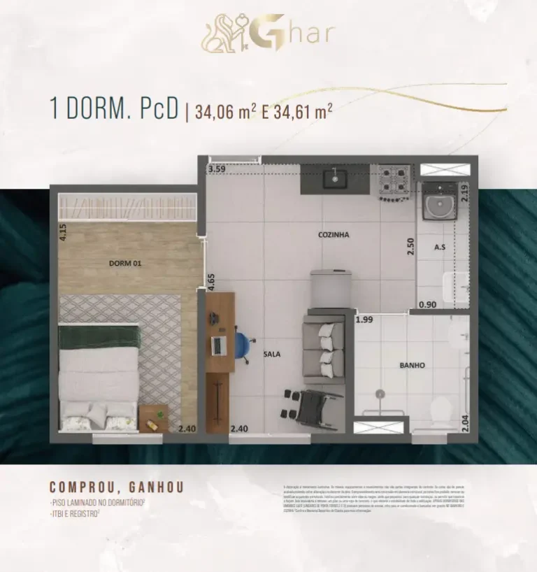 Planta de apartamento 1 dormitório PCD de 34,06 a 34,61 m² no Alto São Domingos