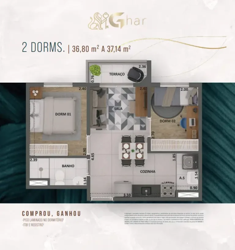 Planta de apartamento 2 dormitórios de 36,80 a 37,14 m² no Alto São Domingos