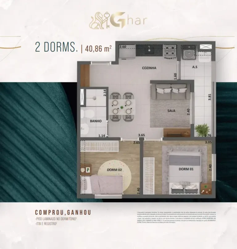 Planta de apartamento 2 dormitórios de 40,86 m² no Alto São Domingos