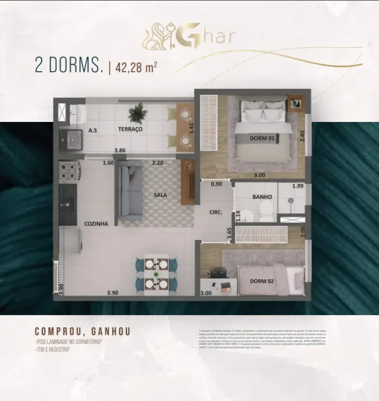 Planta de apartamento 2 dormitórios de 42,28 m² no Alto São Domingos