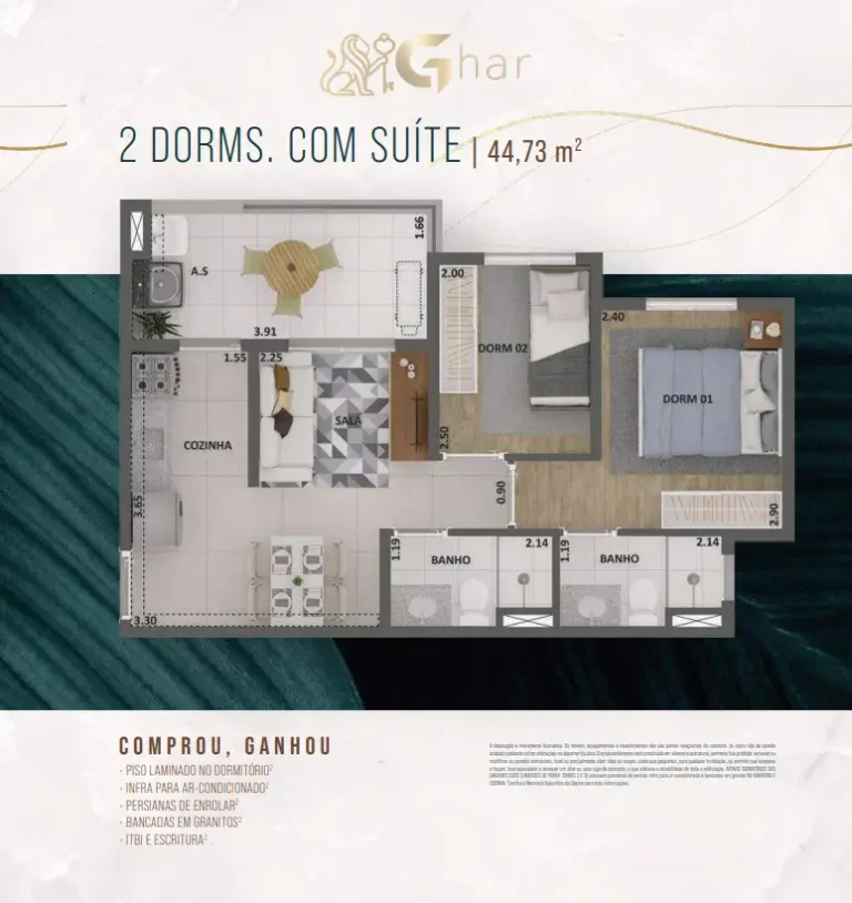 Planta de apartamento 2 dormitórios com suíte de 44,73 m² no Alto São Domingos