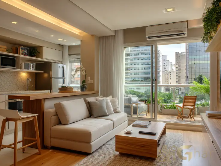 Apartamento decorado com sala estar cozinha integrada e terraço Antônio Flor Santana