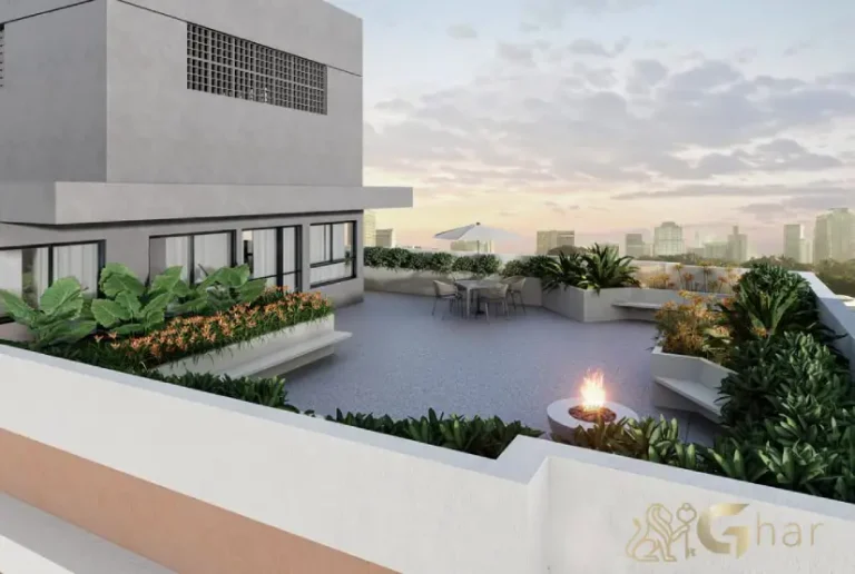 Rooftop com fire place no condomínio Antônio Flor Santana em São Paulo