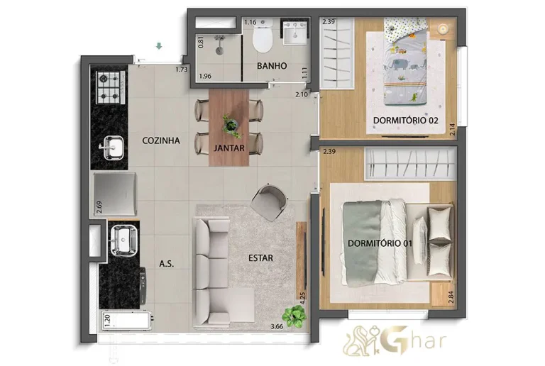 Planta apartamento 2 dormitórios 28m² e 35m² R2V Antônio Flor Santana