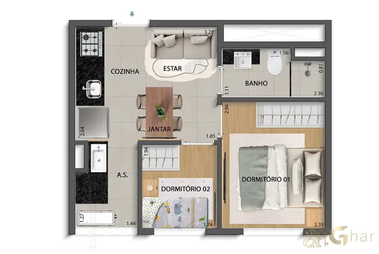 Planta de apartamento 2 dormitórios 28m² HIS Antônio Flor Santana