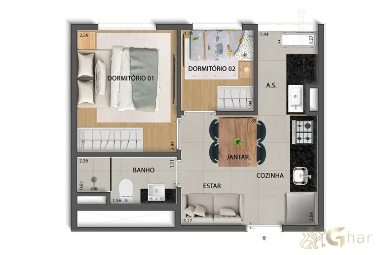 Planta de apartamento 2 dormitórios 28m² HIS2 Antônio Flor Santana
