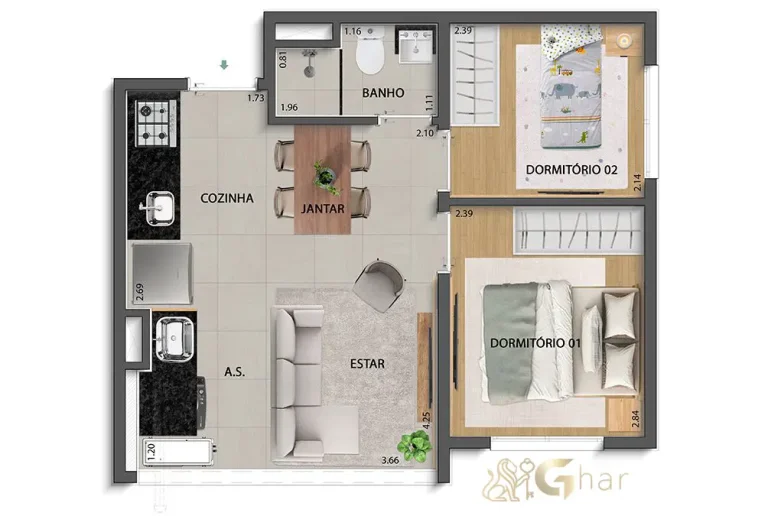 Planta apartamento 2 dormitórios 35m² e 36m² R2V Antônio Flor Santana