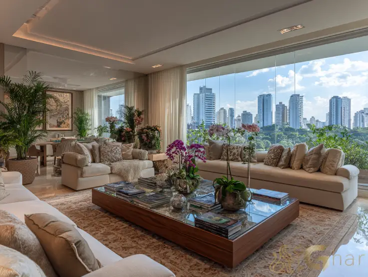 Sala de estar de alto padrão em apartamento à venda no Itaim Bibi
