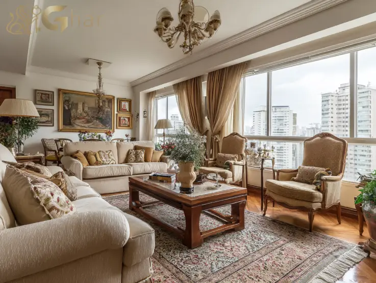 Sala de estar clássica em imóvel de alto padrão na Zona Sul de São Paulo