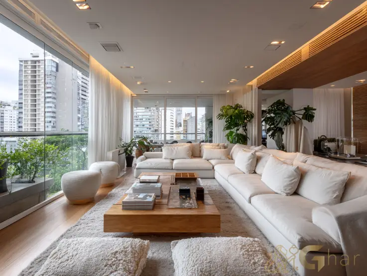 Sala living ampla e decorada em apartamento à venda no Itaim Bibi, São Paulo