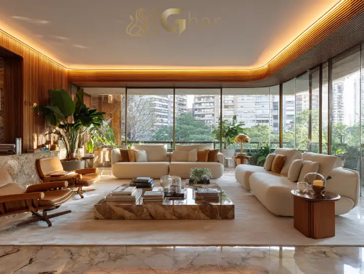 Sala living de alto padrão em apartamento no Itaim Bibi