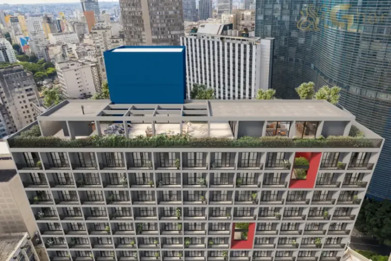 Vista aérea da fachada do condomínio Ar.que na Vila Buarque, apartamentos no centro de São Paulo