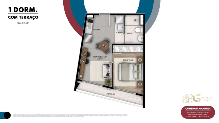 Planta de apartamento 1 dormitório com terraço de 36,08 m² no Ar.que Vila Buarque em São Paulo