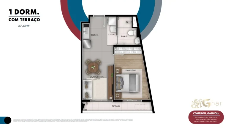 Planta de apartamento 1 dormitório com terraço de 37,69 m² no Ar.que Vila Buarque em São Paulo