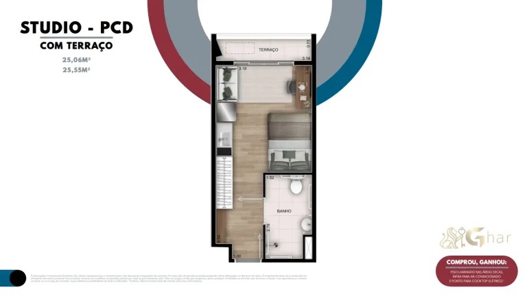 Planta de studio PCD com terraço de 25,06 a 25,55 m² no Ar.que Vila Buarque em São Paulo