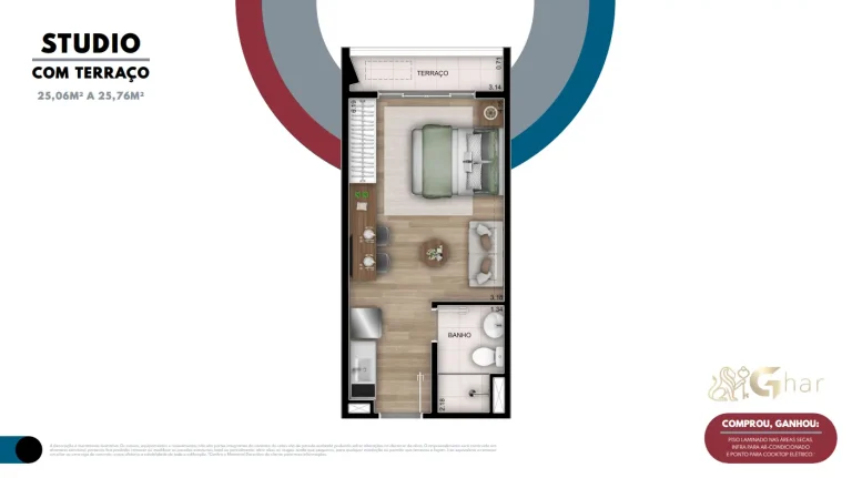 Planta de studio com terraço de 25,06 a 25,76 m² no Ar.que Vila Buarque em São Paulo
