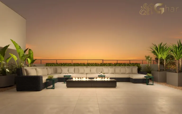 Lounge com lareira do condomínio Arte Santa Marina na Água Branca SP