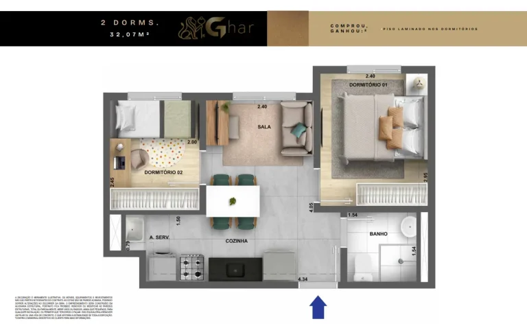 Planta apartamento 2 dormitórios 32,07 m² Arte Santa Marina Água Branca