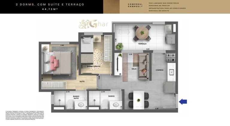 Planta apartamento 2 dormitórios com suíte e terraço 44,73 m² Arte Santa Marina