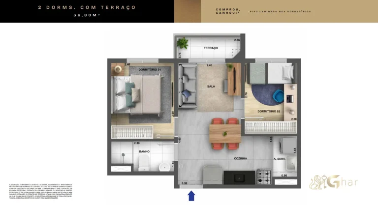 Planta apartamento 2 dormitórios com terraço 36,80 m² Arte Santa Marina