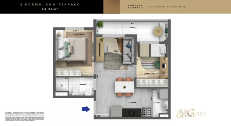 Planta apartamento 2 dormitórios com terraço 40,94 m² Arte Santa Marina