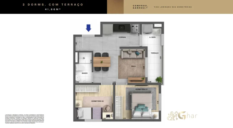 Planta apartamento 2 dormitórios com terraço 41,66 m² Arte Santa Marina