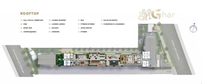 Planta de implantação do rooftop do condomínio Arte Santa Marina Água Branca