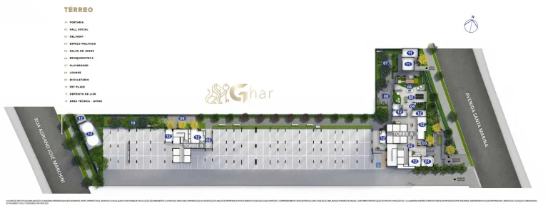 Planta de implantação do térreo do condomínio Arte Santa Marina Água Branca