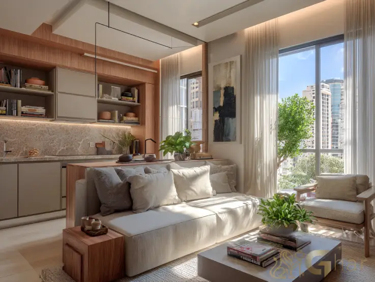 Apartamento decorado do Astro Santa Marina com sala e cozinha integradas