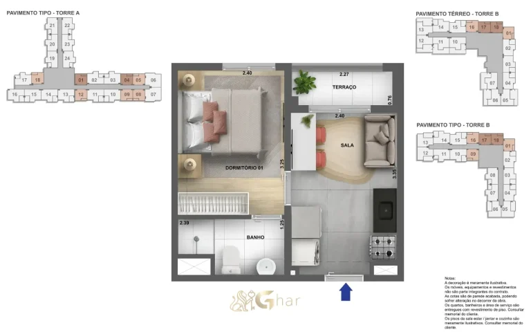 Planta de apartamento de 35 a 38 m² do Astro Santa Marina