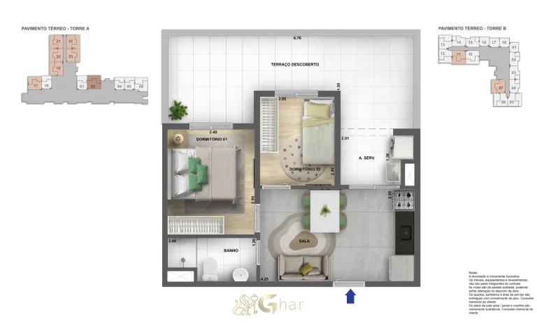 Planta humanizada de apartamento 35 a 38 m² no Astro Santa Marina