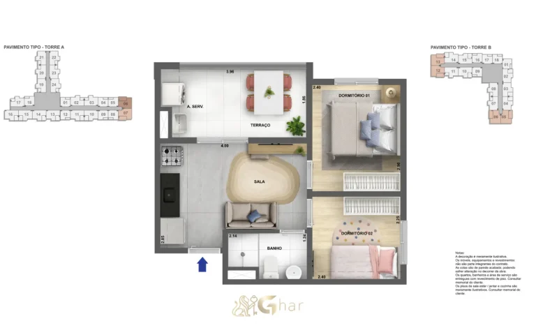 Planta ilustrada de apartamento compacto do Astro Santa Marina