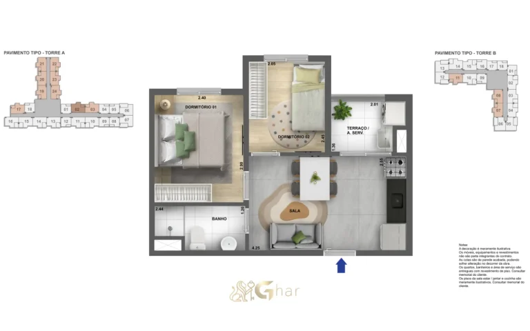 Layout de planta apartamento 35 a 38 m² Astro Santa Marina