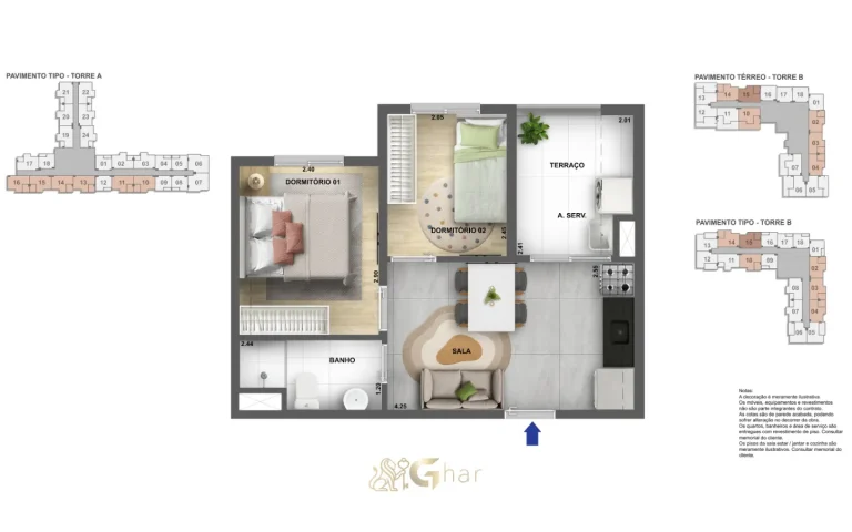 Planta detalhada de apartamento 35 a 38 m² no Astro Santa Marina