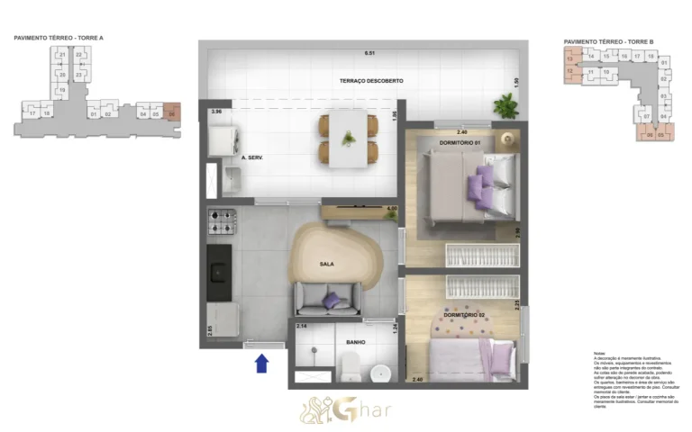 Planta técnica de apartamento 35 a 38 m² Astro Santa Marina