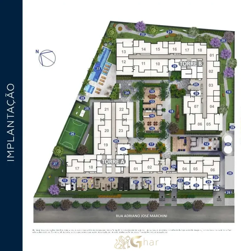 Planta de implantação do térreo do Astro Santa Marina na Água Branca