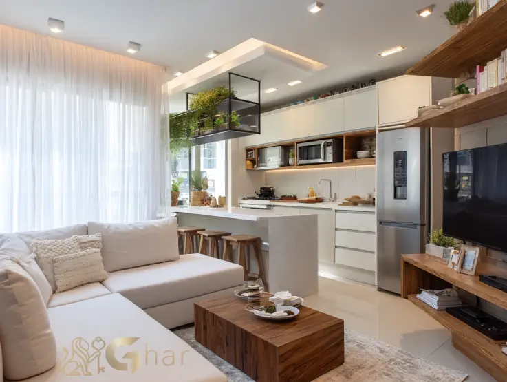 Sala living do apartamento decorado do Atmosfera Jaguaré com layout funcional