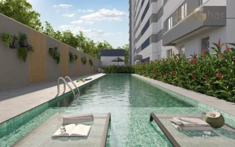 Piscina com deck molhado no condomínio Atmosfera Jaguaré