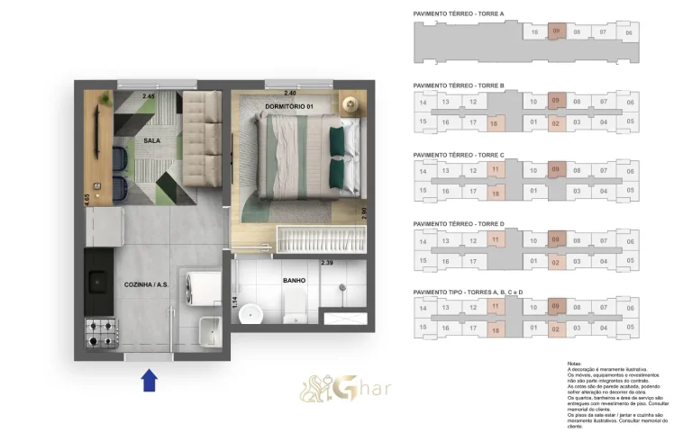 Planta de apartamento 1 dormitório 24 m² do Atmosfera Jaguaré