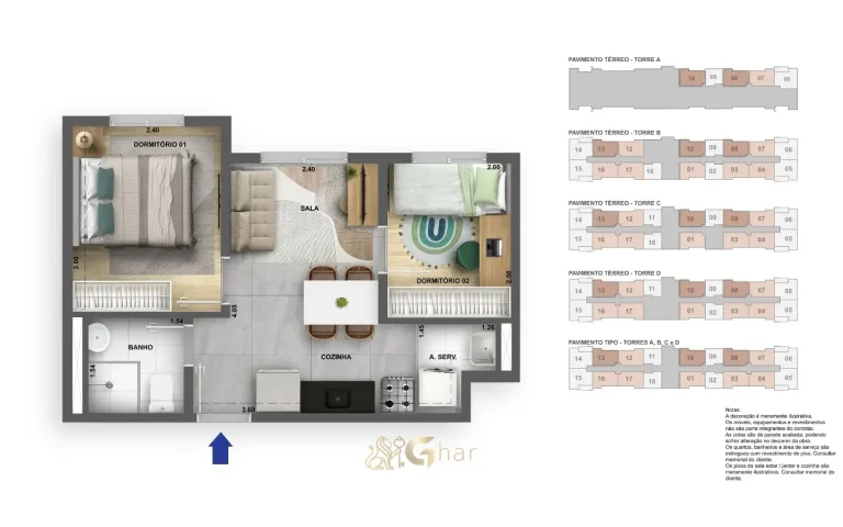 Planta de apartamento 2 dormitórios 32 m² do Atmosfera Jaguaré