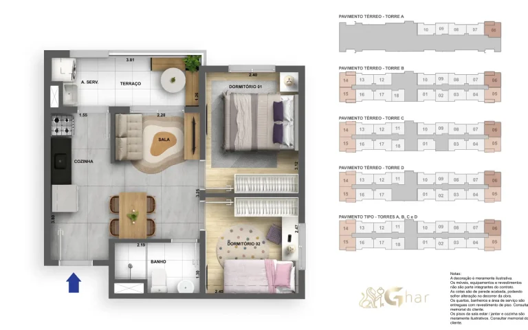 Planta de apartamento 2 dormitórios com terraço 39 m² do Atmosfera Jaguaré