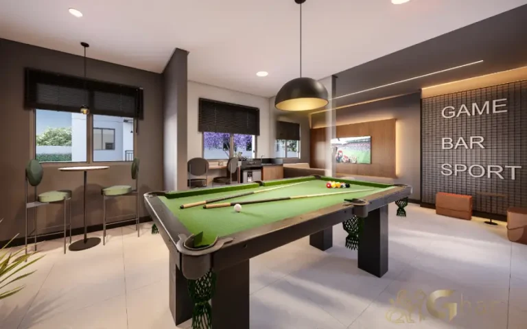 Salão de jogos do condomínio Barra Funda 930 com lazer completo em São Paulo