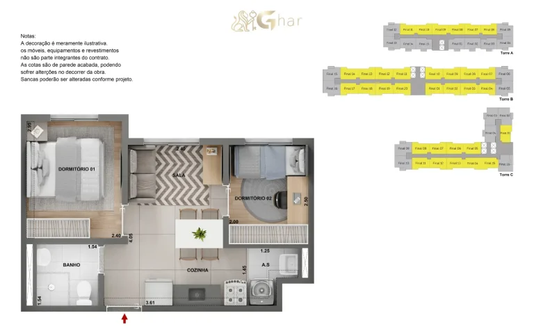 Planta de apartamento de 2 quartos com 32 m² no Barra Funda 930